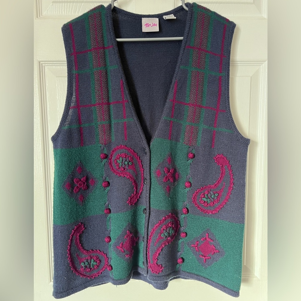 TAN JAY • vintage 90s tapestry knit sweater vest paisley grandmacore cottagecore - Picture 13 of 13